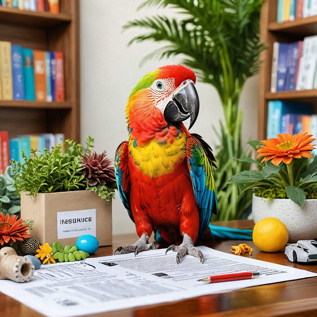 A whimsical scene featuring various exotic pets such as a colorful parrot, a lively chameleon, and a playful hedgehog, all gathered around a cozy pet insurance policy document highlighted with modern graphics. The background depicts a vibrant pet care clinic with plants and shelves filled with pet supplies. The overall atmosphere is bright and welcoming, conveying a sense of security and companionship. super-realistic. vibrant colors. white background.
