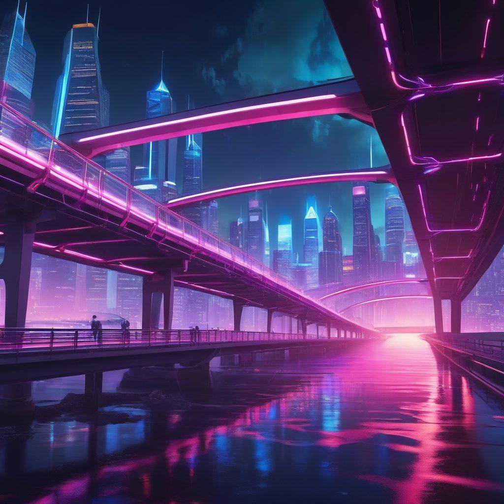 A futuristic scene depicting a bridge made of digital data streams connecting two islands representing myth and reality, with modern insurance symbols like shields and policies floating in the air. The skyline shows a blend of traditional insurance buildings and innovative tech hubs glowing with neon lights. People from diverse backgrounds are engaged in discussions, showcasing the rise of insurtech. super-realistic. vibrant colors. cyberpunk.