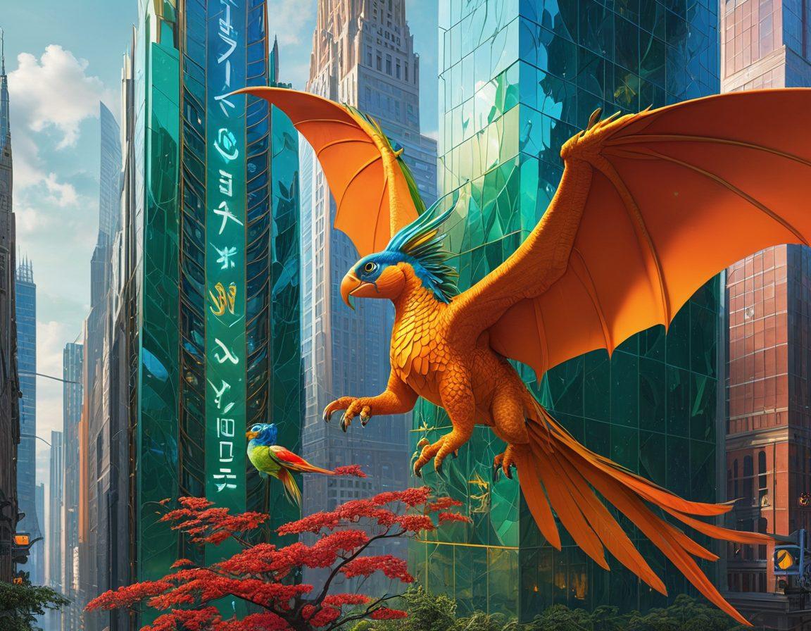 A fantastical scene showcasing a dragon and exotic animals like a parrot and a rare cat, all playfully interacting in a modern cityscape with futuristic buildings. The imagery captures a sense of revolution and innovation with vibrant colors and floating insurance icons integrated into the landscape. The atmosphere should exude a blend of mythology and contemporary life, inviting curiosity about the future of insurance. super-realistic. vibrant colors. futuristic theme.